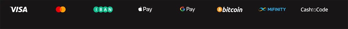 Payment methods banner displaying Visa, Mastercard, IBAN, Apple Pay, Google Pay, Bitcoin, MiFinity, and CashtoCode logos on a dark background.