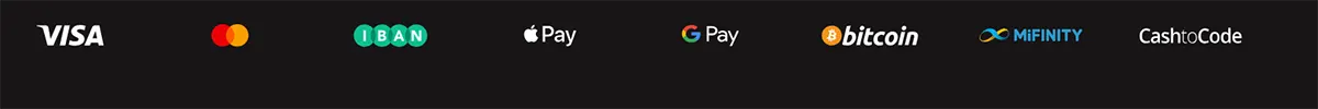 Payment methods banner displaying Visa, Mastercard, IBAN, Apple Pay, Google Pay, Bitcoin, MiFinity, and CashtoCode logos on a dark background.