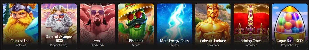 Casino game thumbnails featuring Coins of Thor, Gates of Olympus 1000, Swoll, Pinateros, More Energy Coins, Colossus Fortune, Shining Crown, and Sugar Rush 1000 on a dark interface.