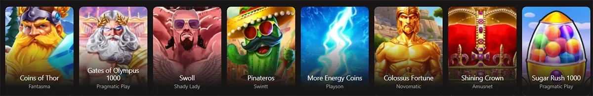 Casino game thumbnails featuring Coins of Thor, Gates of Olympus 1000, Swoll, Pinateros, More Energy Coins, Colossus Fortune, Shining Crown, and Sugar Rush 1000 on a dark interface.