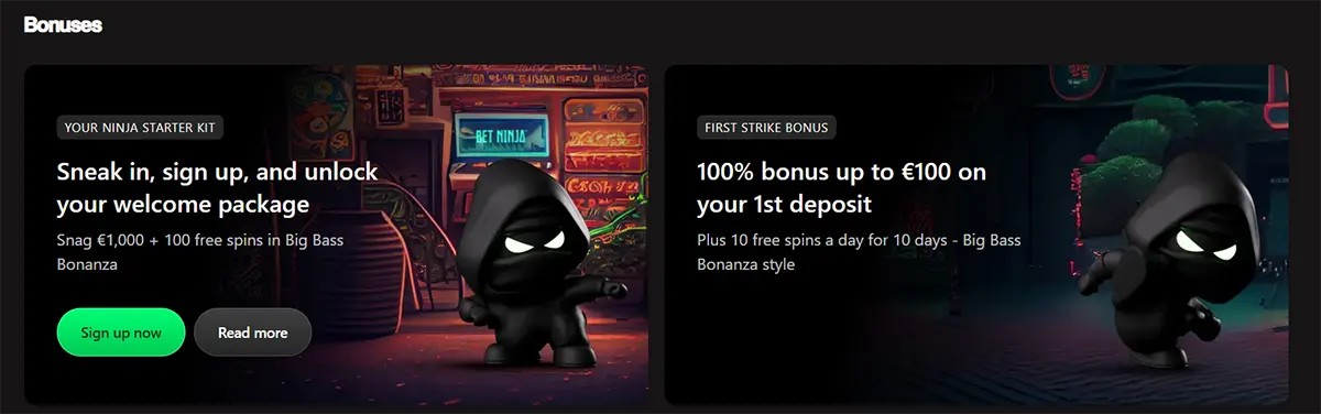 Casino bonuses section with two promo cards featuring a ninja mascot, highlighting a welcome package of €1,000 plus 100 free spins and a first deposit bonus of 100% up to €100.