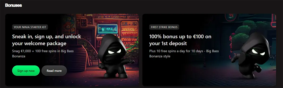 Casino bonuses section with two promo cards featuring a ninja mascot, highlighting a welcome package of €1,000 plus 100 free spins and a first deposit bonus of 100% up to €100.