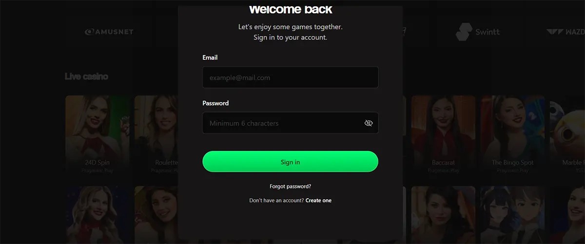 Casino login popup with email and password fields, a bright green sign-in button, and a dark blurred live casino background.