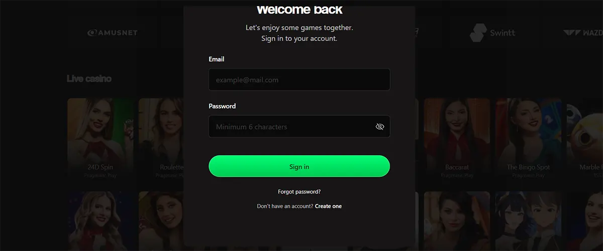Casino login popup with email and password fields, a bright green sign-in button, and a dark blurred live casino background.